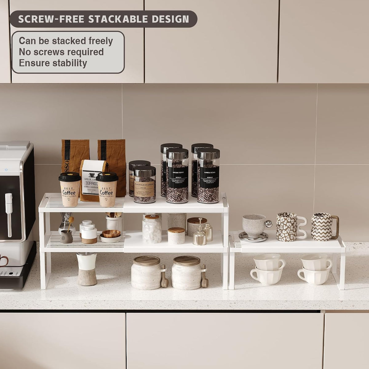 Expandable Kitchen Countertop Organizer, 2 Pack Stackable Cabinet Shelf Risers, Metal Spice Rack Heavy Duty Counter Organizer Storage for Kitchen, Pantry, Cupboard, Rv (8.7in Height,Black)
