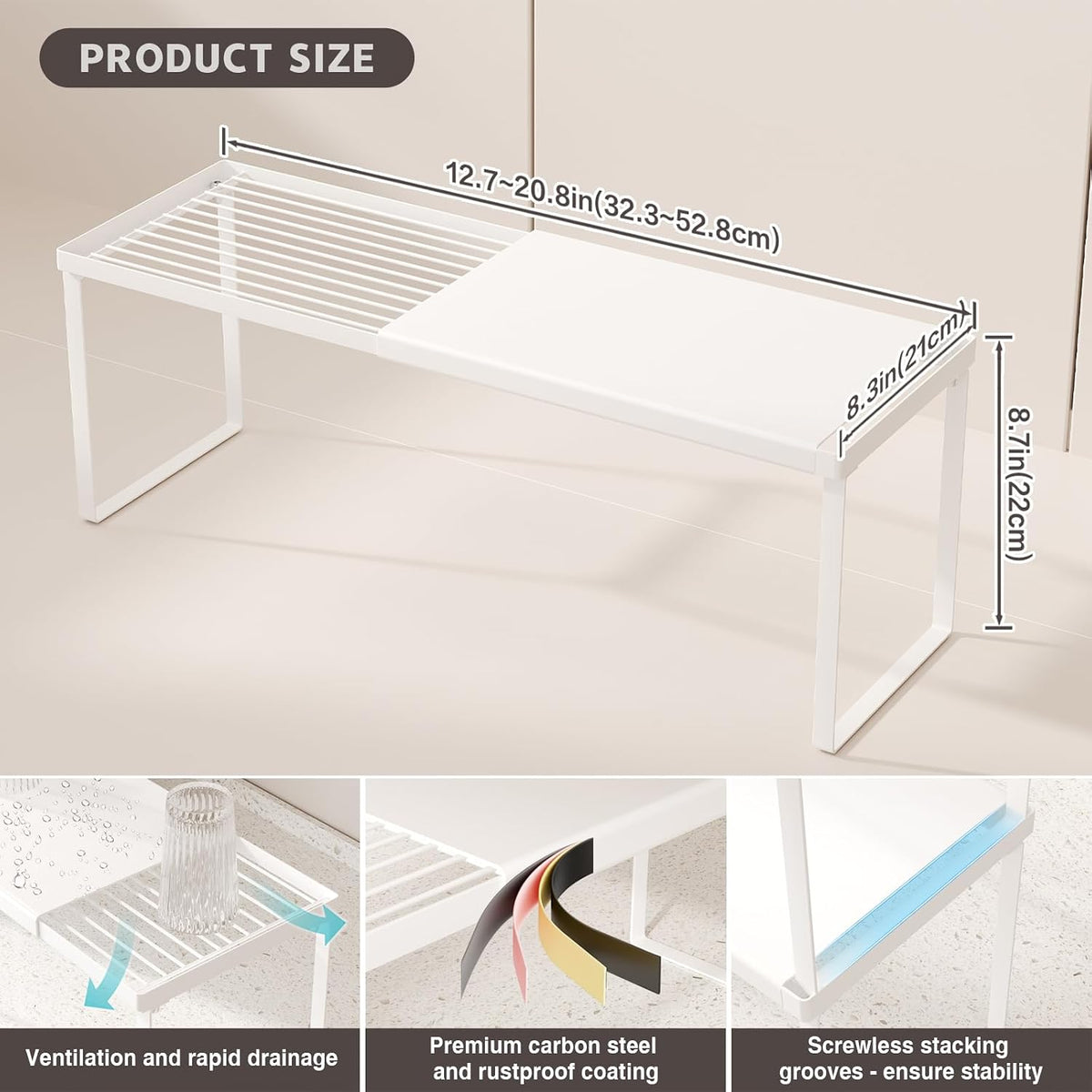Expandable Kitchen Countertop Organizer, 2 Pack Stackable Cabinet Shelf Risers, Metal Spice Rack Heavy Duty Counter Organizer Storage for Kitchen, Pantry, Cupboard, Rv (8.7in Height,Black)