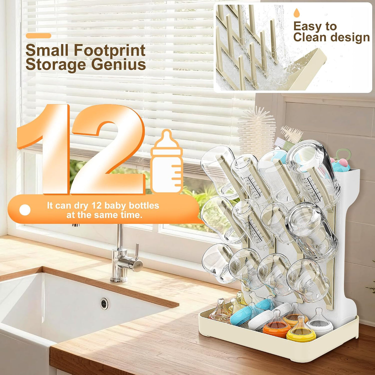 Vertical Baby Bottle Drying Rack, Space-Saving Countertop Storage Stand, BPA-Free Organizer for Baby Bottles and Pacifiers - Warm Beige
