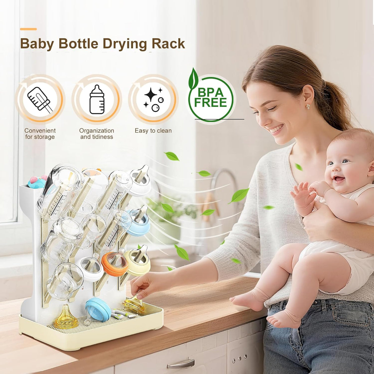 Vertical Baby Bottle Drying Rack, Space-Saving Countertop Storage Stand, BPA-Free Organizer for Baby Bottles and Pacifiers - Warm Beige