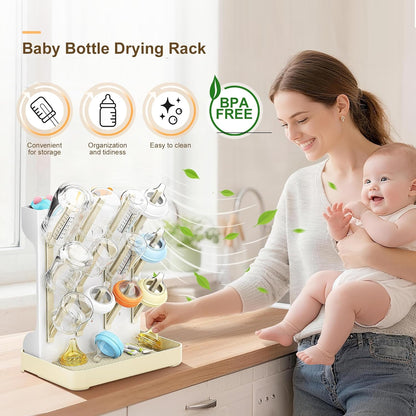 Vertical Baby Bottle Drying Rack, Space-Saving Countertop Storage Stand, BPA-Free Organizer for Baby Bottles and Pacifiers - Warm Beige