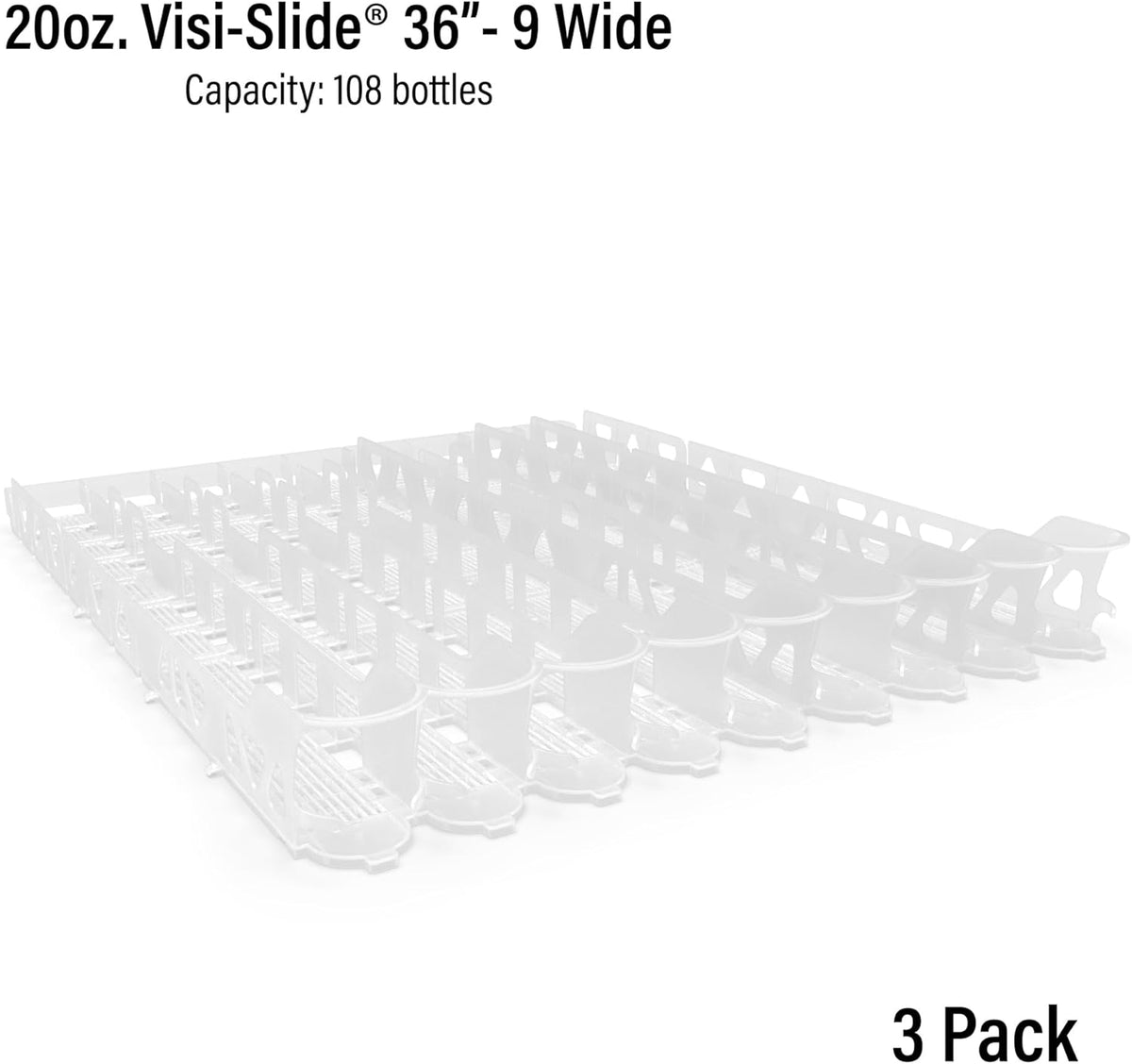 Visi-Slide Gravity Fed Extended Organizer for 20-25oz Beverages on Extended Flat and Angled Shelves in Cold Vaults & Coolers, 9-Wide, 36" Deep Drink Organizer (Pack of 3)