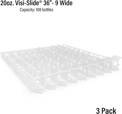 Visi-Slide Gravity Fed Extended Organizer for 20-25oz Beverages on Extended Flat and Angled Shelves in Cold Vaults & Coolers, 9-Wide, 36" Deep Drink Organizer (Pack of 3)