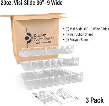 Visi-Slide Gravity Fed Extended Organizer for 20-25oz Beverages on Extended Flat and Angled Shelves in Cold Vaults & Coolers, 9-Wide, 36" Deep Drink Organizer (Pack of 3)