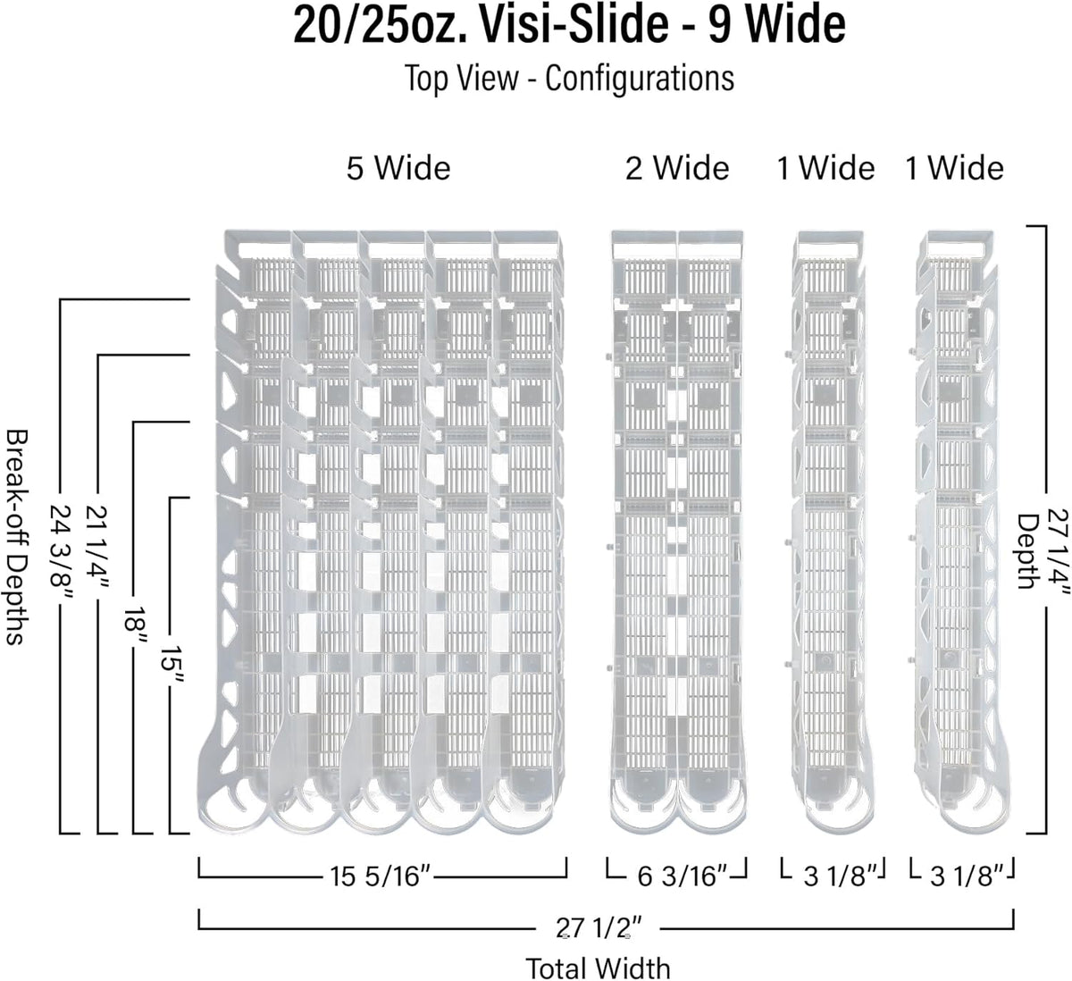 Visi-Slide Gravity Fed Extended Organizer for 20-25oz Beverages on Extended Flat and Angled Shelves in Cold Vaults & Coolers, 9-Wide, 36" Deep Drink Organizer (Pack of 3)
