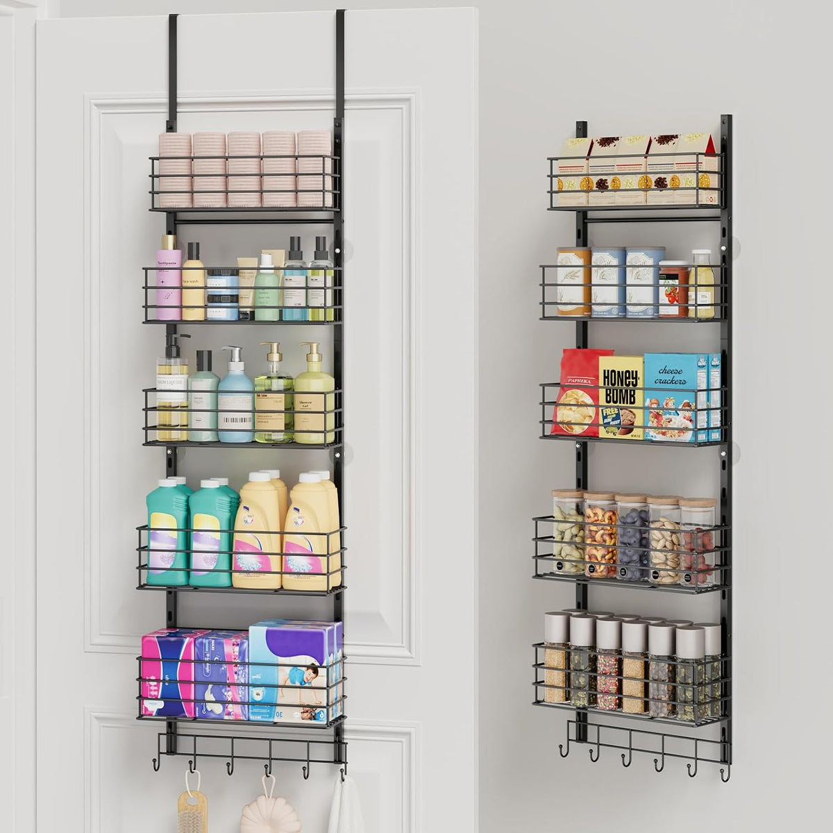 SWTYMIKI Over The Door Organizer - Door Organizer Hanging with 5 Adjustable Metal Large Capacity Basket and 6 Coat Hook, Wall Mounted Shelf for Bedroom Closet Bathroom Laundry Pantry Cabinet Kitchen
