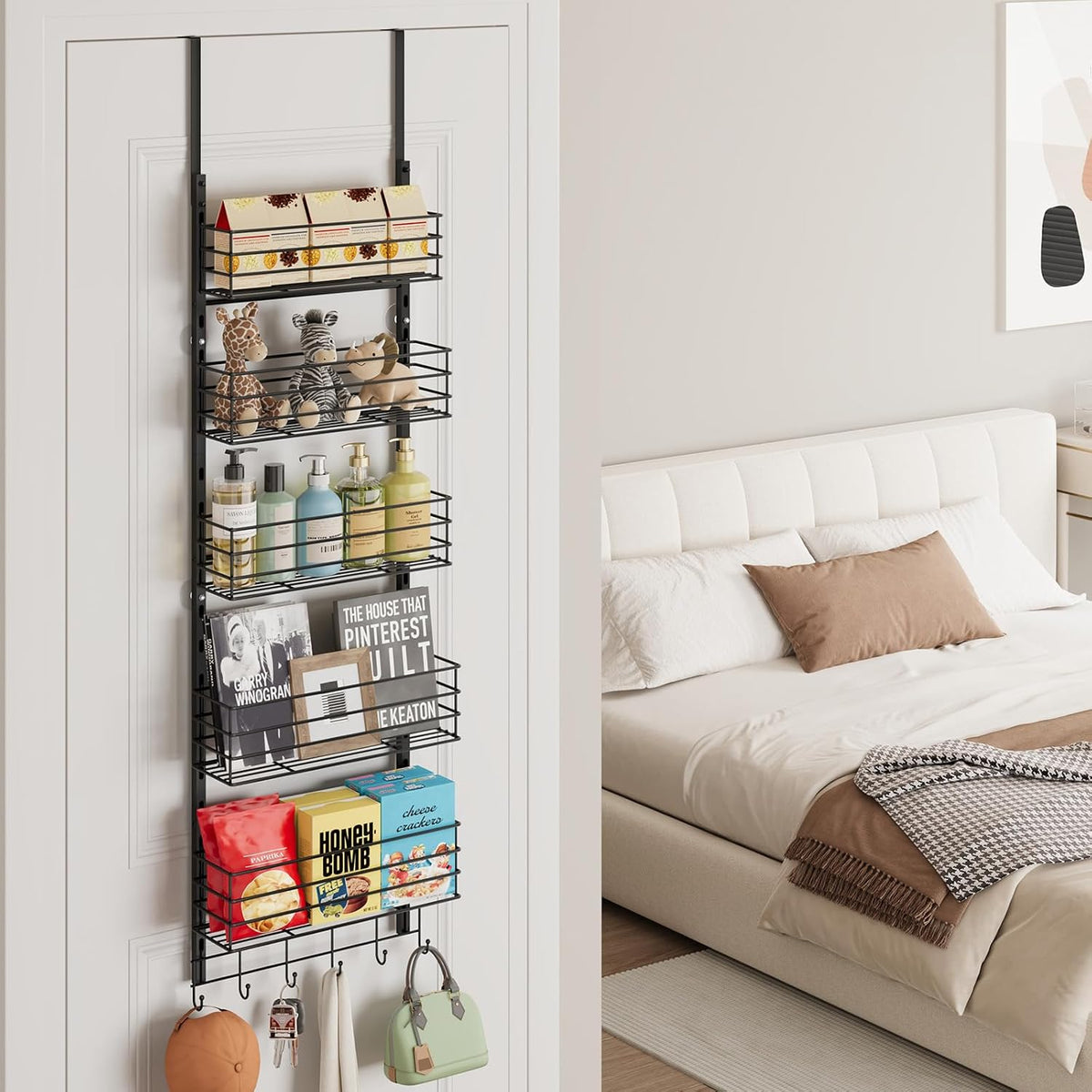 SWTYMIKI Over The Door Organizer - Door Organizer Hanging with 5 Adjustable Metal Large Capacity Basket and 6 Coat Hook, Wall Mounted Shelf for Bedroom Closet Bathroom Laundry Pantry Cabinet Kitchen