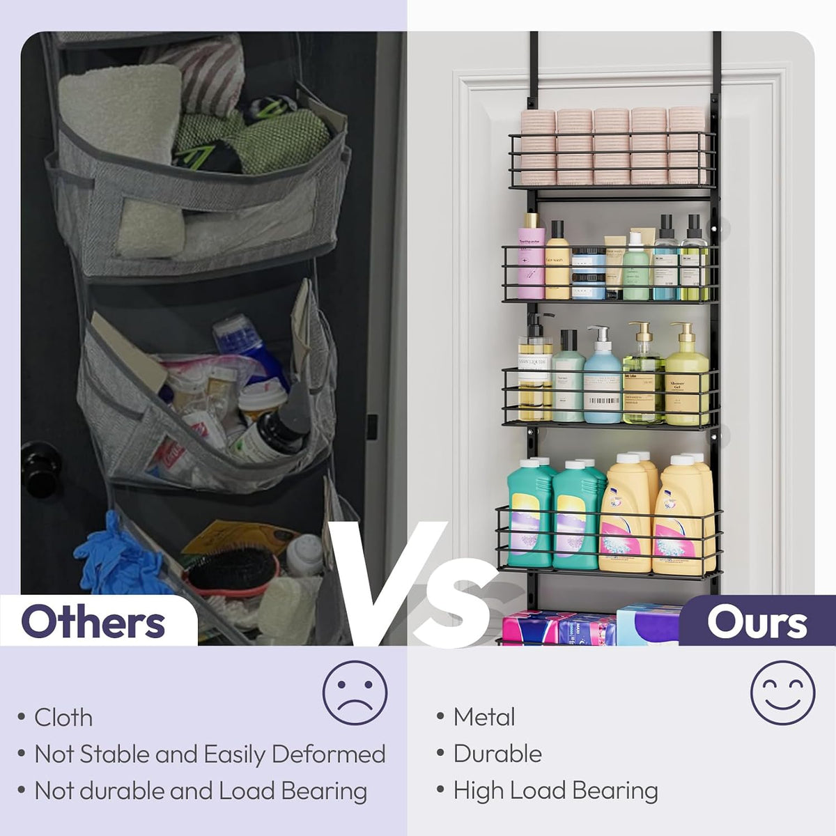 SWTYMIKI Over The Door Organizer - Door Organizer Hanging with 5 Adjustable Metal Large Capacity Basket and 6 Coat Hook, Wall Mounted Shelf for Bedroom Closet Bathroom Laundry Pantry Cabinet Kitchen