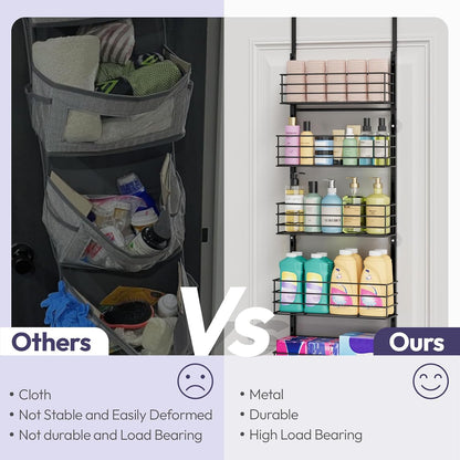 SWTYMIKI Over The Door Organizer - Door Organizer Hanging with 5 Adjustable Metal Large Capacity Basket and 6 Coat Hook, Wall Mounted Shelf for Bedroom Closet Bathroom Laundry Pantry Cabinet Kitchen