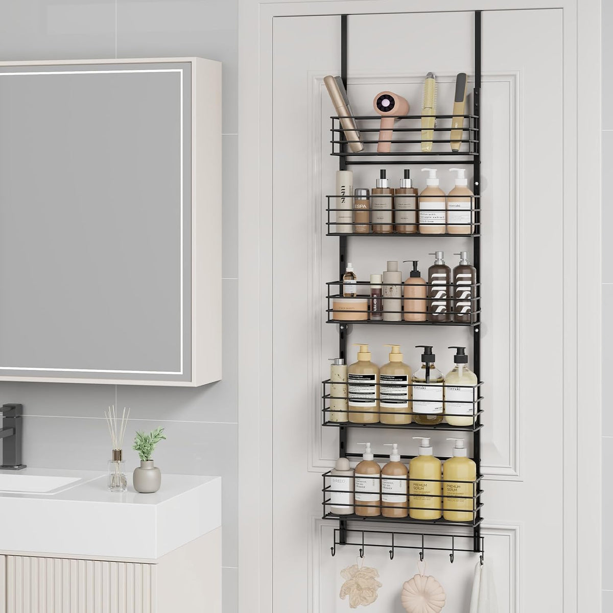 SWTYMIKI Over The Door Organizer - Door Organizer Hanging with 5 Adjustable Metal Large Capacity Basket and 6 Coat Hook, Wall Mounted Shelf for Bedroom Closet Bathroom Laundry Pantry Cabinet Kitchen