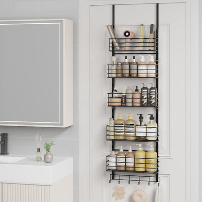 SWTYMIKI Over The Door Organizer - Door Organizer Hanging with 5 Adjustable Metal Large Capacity Basket and 6 Coat Hook, Wall Mounted Shelf for Bedroom Closet Bathroom Laundry Pantry Cabinet Kitchen