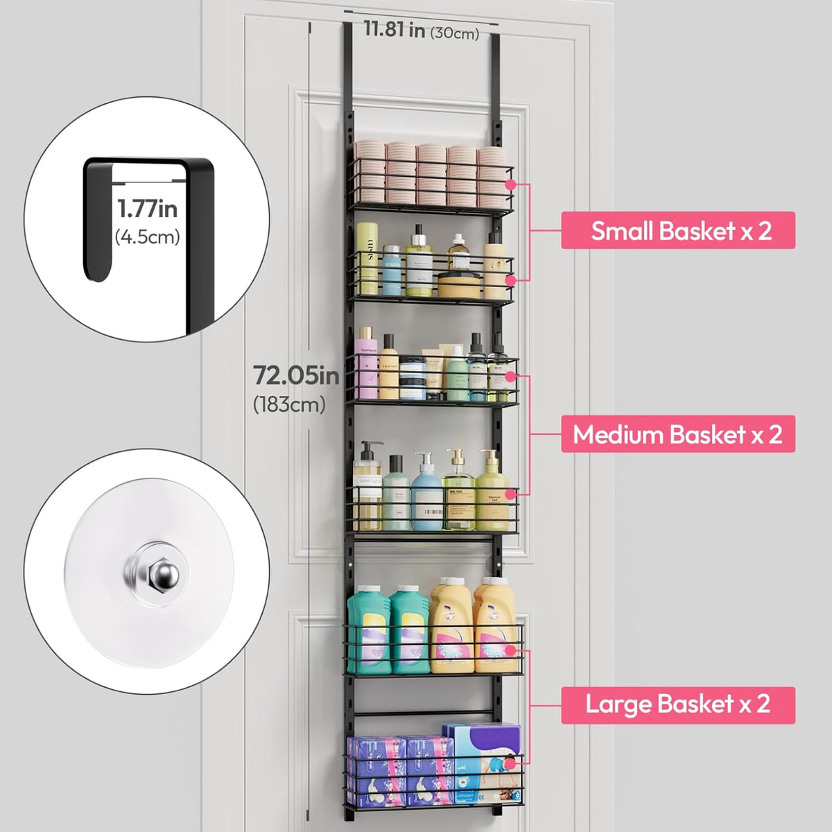 SWTYMIKI Over The Door Organizer - Door Organizer Hanging with 5 Adjustable Metal Large Capacity Basket and 6 Coat Hook, Wall Mounted Shelf for Bedroom Closet Bathroom Laundry Pantry Cabinet Kitchen