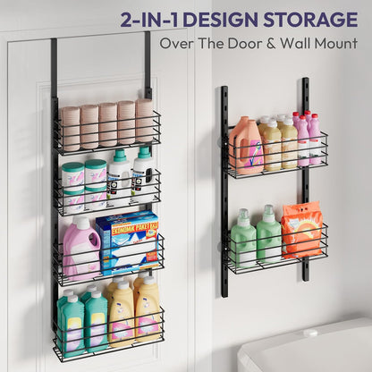 SWTYMIKI Over The Door Organizer - Door Organizer Hanging with 5 Adjustable Metal Large Capacity Basket and 6 Coat Hook, Wall Mounted Shelf for Bedroom Closet Bathroom Laundry Pantry Cabinet Kitchen