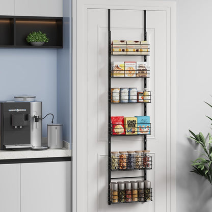 SWTYMIKI Over The Door Organizer - Door Organizer Hanging with 5 Adjustable Metal Large Capacity Basket and 6 Coat Hook, Wall Mounted Shelf for Bedroom Closet Bathroom Laundry Pantry Cabinet Kitchen