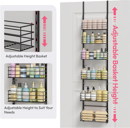 SWTYMIKI Over The Door Organizer - Door Organizer Hanging with 5 Adjustable Metal Large Capacity Basket and 6 Coat Hook, Wall Mounted Shelf for Bedroom Closet Bathroom Laundry Pantry Cabinet Kitchen