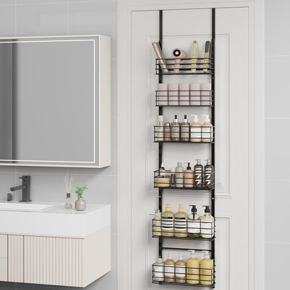 SWTYMIKI Over The Door Organizer - Door Organizer Hanging with 5 Adjustable Metal Large Capacity Basket and 6 Coat Hook, Wall Mounted Shelf for Bedroom Closet Bathroom Laundry Pantry Cabinet Kitchen