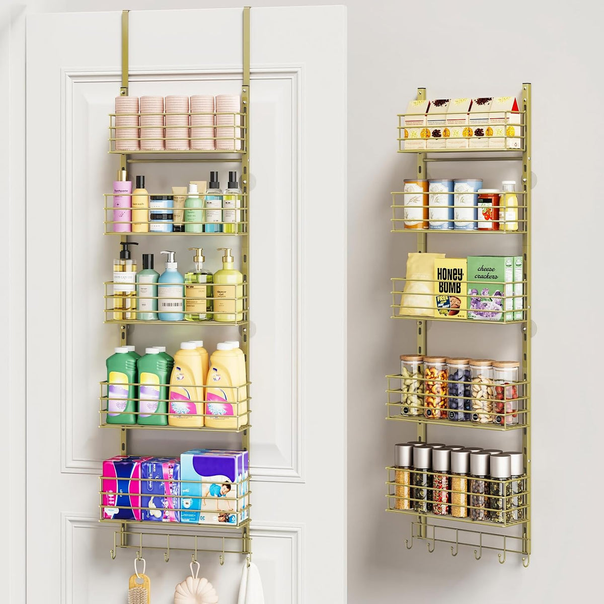 SWTYMIKI Over The Door Organizer - Door Organizer Hanging with 5 Adjustable Metal Large Capacity Basket and 6 Coat Hook, Wall Mounted Shelf for Bedroom Closet Bathroom Laundry Pantry Cabinet Kitchen