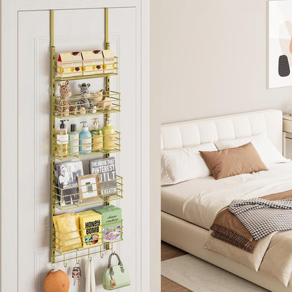 SWTYMIKI Over The Door Organizer - Door Organizer Hanging with 5 Adjustable Metal Large Capacity Basket and 6 Coat Hook, Wall Mounted Shelf for Bedroom Closet Bathroom Laundry Pantry Cabinet Kitchen