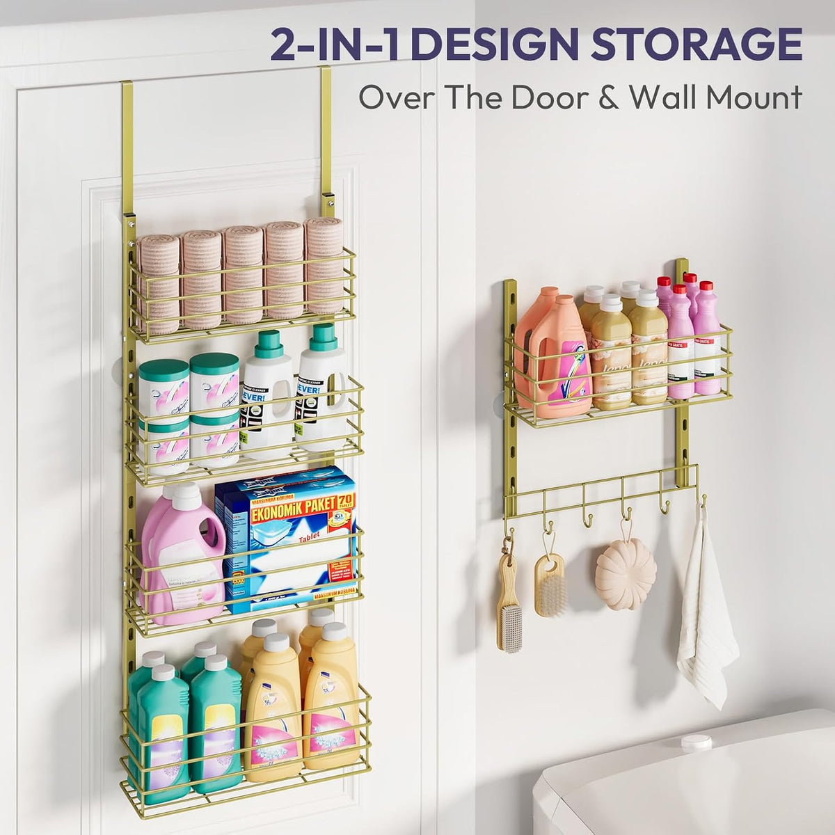 SWTYMIKI Over The Door Organizer - Door Organizer Hanging with 5 Adjustable Metal Large Capacity Basket and 6 Coat Hook, Wall Mounted Shelf for Bedroom Closet Bathroom Laundry Pantry Cabinet Kitchen