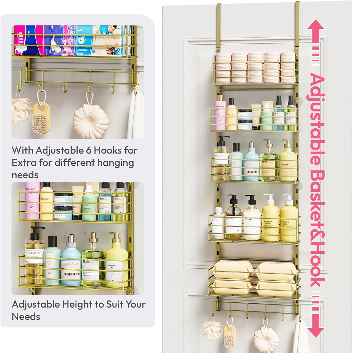 SWTYMIKI Over The Door Organizer - Door Organizer Hanging with 5 Adjustable Metal Large Capacity Basket and 6 Coat Hook, Wall Mounted Shelf for Bedroom Closet Bathroom Laundry Pantry Cabinet Kitchen