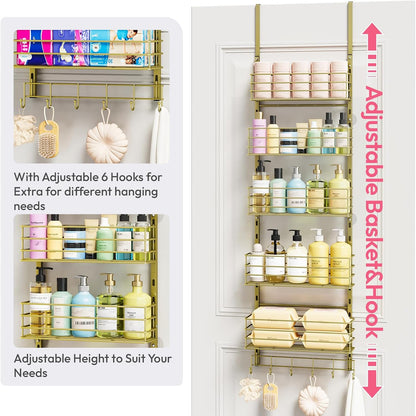 SWTYMIKI Over The Door Organizer - Door Organizer Hanging with 5 Adjustable Metal Large Capacity Basket and 6 Coat Hook, Wall Mounted Shelf for Bedroom Closet Bathroom Laundry Pantry Cabinet Kitchen
