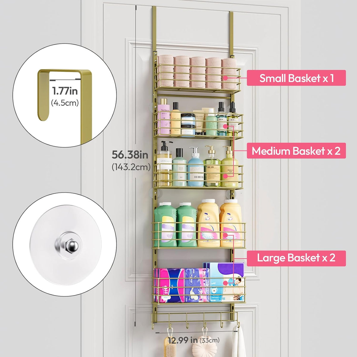 SWTYMIKI Over The Door Organizer - Door Organizer Hanging with 5 Adjustable Metal Large Capacity Basket and 6 Coat Hook, Wall Mounted Shelf for Bedroom Closet Bathroom Laundry Pantry Cabinet Kitchen