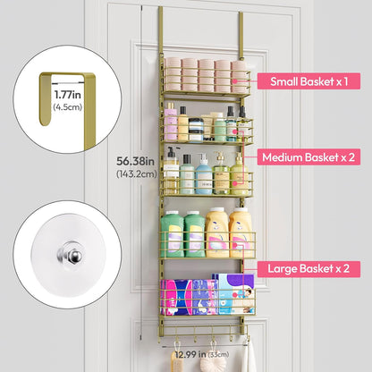 SWTYMIKI Over The Door Organizer - Door Organizer Hanging with 5 Adjustable Metal Large Capacity Basket and 6 Coat Hook, Wall Mounted Shelf for Bedroom Closet Bathroom Laundry Pantry Cabinet Kitchen