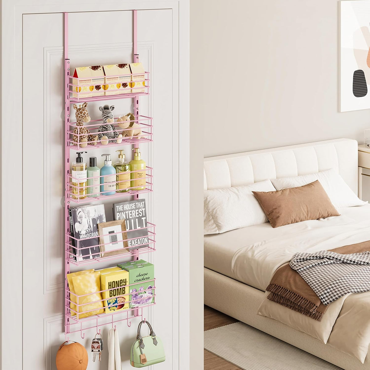 SWTYMIKI Over The Door Organizer - Door Organizer Hanging with 5 Adjustable Metal Large Capacity Basket and 6 Coat Hook, Wall Mounted Shelf for Bedroom Closet Bathroom Laundry Pantry Cabinet Kitchen