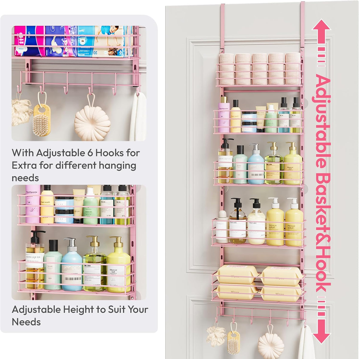 SWTYMIKI Over The Door Organizer - Door Organizer Hanging with 5 Adjustable Metal Large Capacity Basket and 6 Coat Hook, Wall Mounted Shelf for Bedroom Closet Bathroom Laundry Pantry Cabinet Kitchen