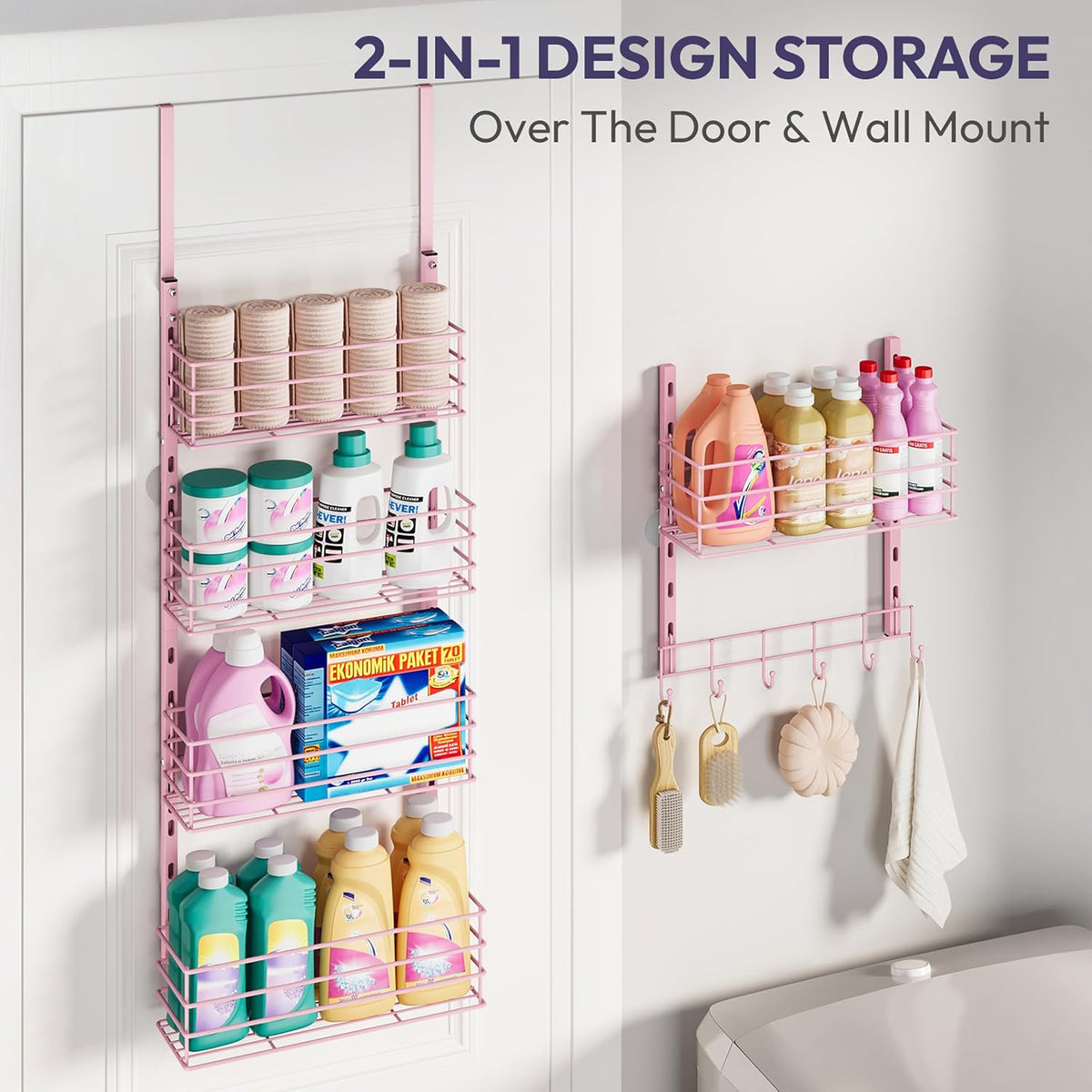SWTYMIKI Over The Door Organizer - Door Organizer Hanging with 5 Adjustable Metal Large Capacity Basket and 6 Coat Hook, Wall Mounted Shelf for Bedroom Closet Bathroom Laundry Pantry Cabinet Kitchen