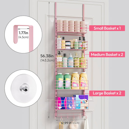 SWTYMIKI Over The Door Organizer - Door Organizer Hanging with 5 Adjustable Metal Large Capacity Basket and 6 Coat Hook, Wall Mounted Shelf for Bedroom Closet Bathroom Laundry Pantry Cabinet Kitchen