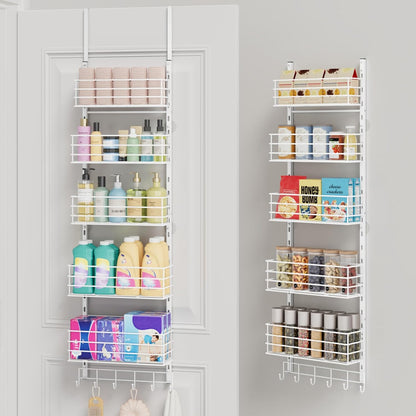 SWTYMIKI Over The Door Organizer - Door Organizer Hanging with 5 Adjustable Metal Large Capacity Basket and 6 Coat Hook, Wall Mounted Shelf for Bedroom Closet Bathroom Laundry Pantry Cabinet Kitchen