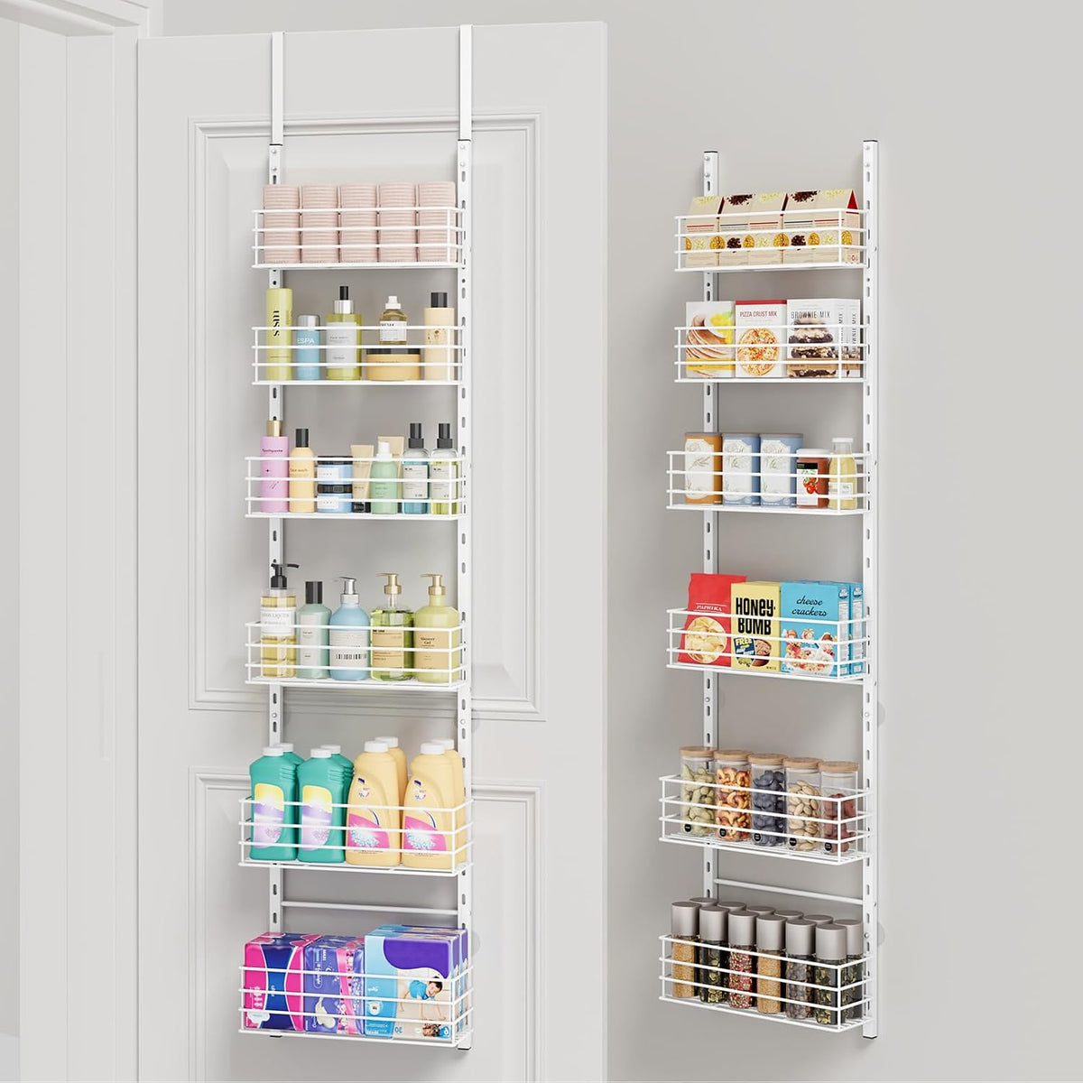 SWTYMIKI Over The Door Organizer - Door Organizer Hanging with 5 Adjustable Metal Large Capacity Basket and 6 Coat Hook, Wall Mounted Shelf for Bedroom Closet Bathroom Laundry Pantry Cabinet Kitchen