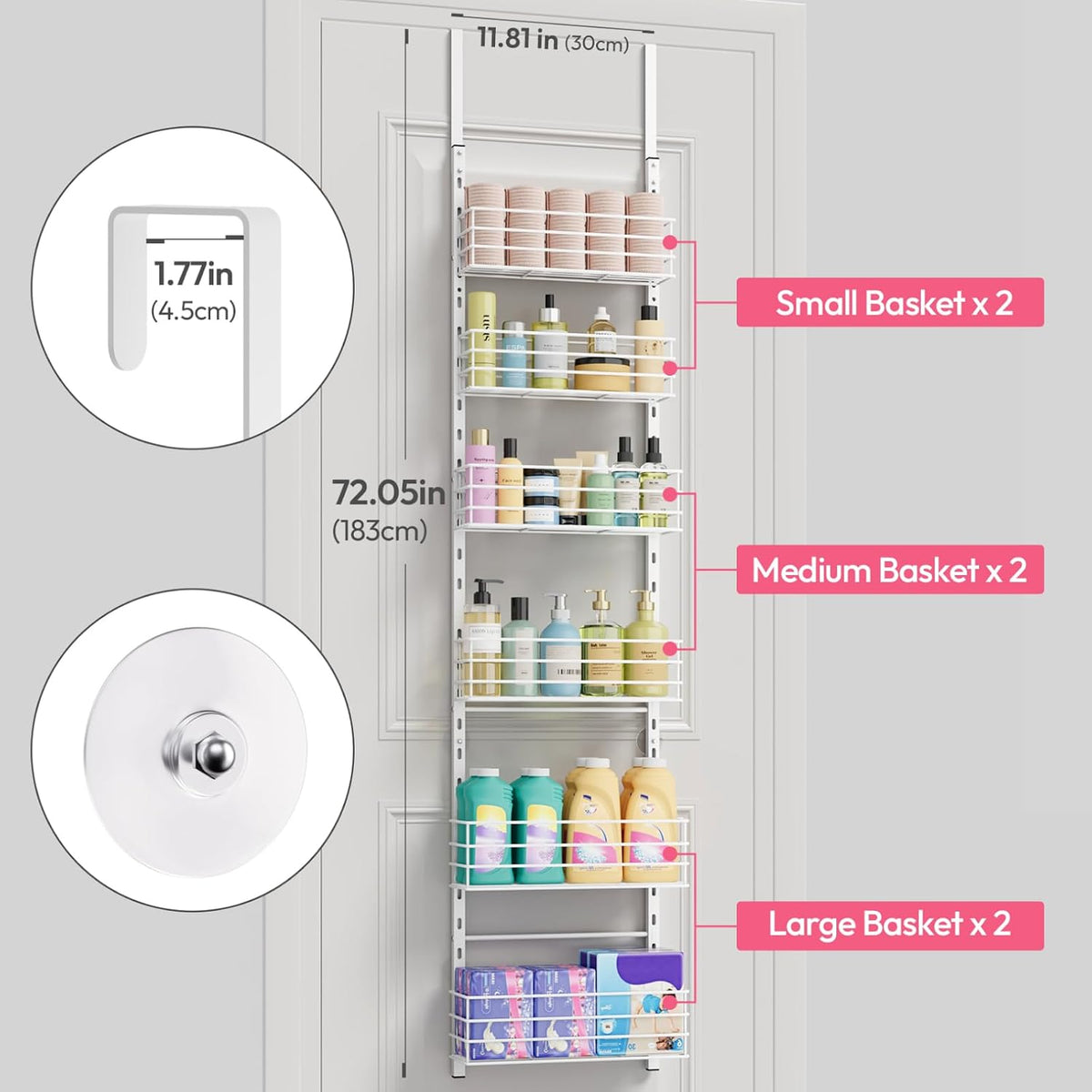 SWTYMIKI Over The Door Organizer - Door Organizer Hanging with 5 Adjustable Metal Large Capacity Basket and 6 Coat Hook, Wall Mounted Shelf for Bedroom Closet Bathroom Laundry Pantry Cabinet Kitchen