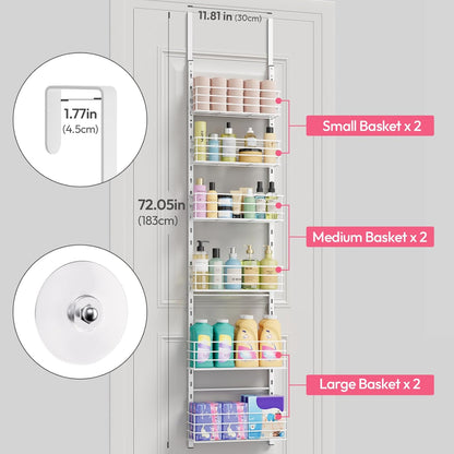 SWTYMIKI Over The Door Organizer - Door Organizer Hanging with 5 Adjustable Metal Large Capacity Basket and 6 Coat Hook, Wall Mounted Shelf for Bedroom Closet Bathroom Laundry Pantry Cabinet Kitchen