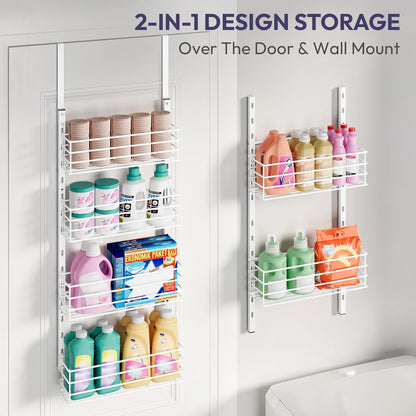 SWTYMIKI Over The Door Organizer - Door Organizer Hanging with 5 Adjustable Metal Large Capacity Basket and 6 Coat Hook, Wall Mounted Shelf for Bedroom Closet Bathroom Laundry Pantry Cabinet Kitchen