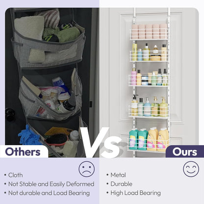 SWTYMIKI Over The Door Organizer - Door Organizer Hanging with 5 Adjustable Metal Large Capacity Basket and 6 Coat Hook, Wall Mounted Shelf for Bedroom Closet Bathroom Laundry Pantry Cabinet Kitchen