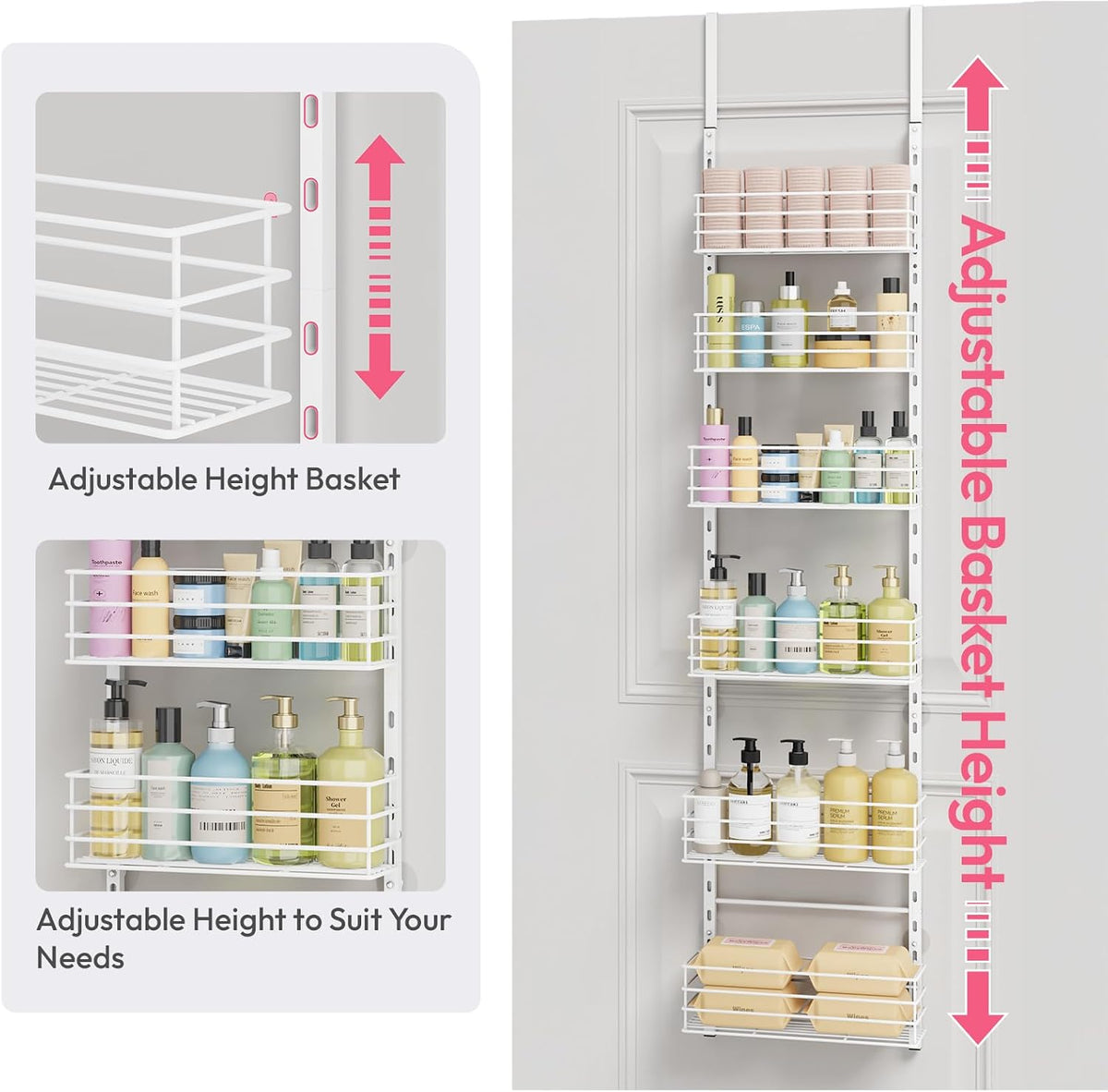 SWTYMIKI Over The Door Organizer - Door Organizer Hanging with 5 Adjustable Metal Large Capacity Basket and 6 Coat Hook, Wall Mounted Shelf for Bedroom Closet Bathroom Laundry Pantry Cabinet Kitchen