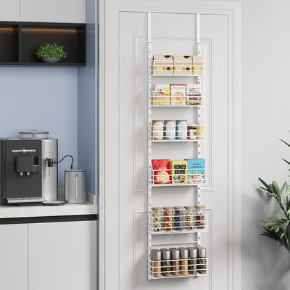 SWTYMIKI Over The Door Organizer - Door Organizer Hanging with 5 Adjustable Metal Large Capacity Basket and 6 Coat Hook, Wall Mounted Shelf for Bedroom Closet Bathroom Laundry Pantry Cabinet Kitchen