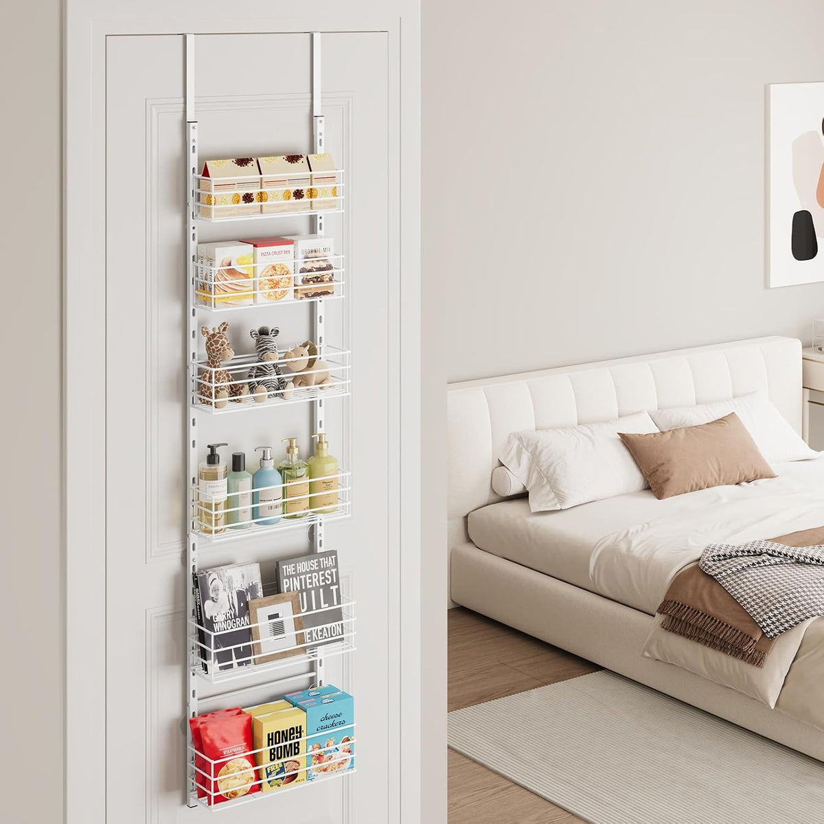 SWTYMIKI Over The Door Organizer - Door Organizer Hanging with 5 Adjustable Metal Large Capacity Basket and 6 Coat Hook, Wall Mounted Shelf for Bedroom Closet Bathroom Laundry Pantry Cabinet Kitchen