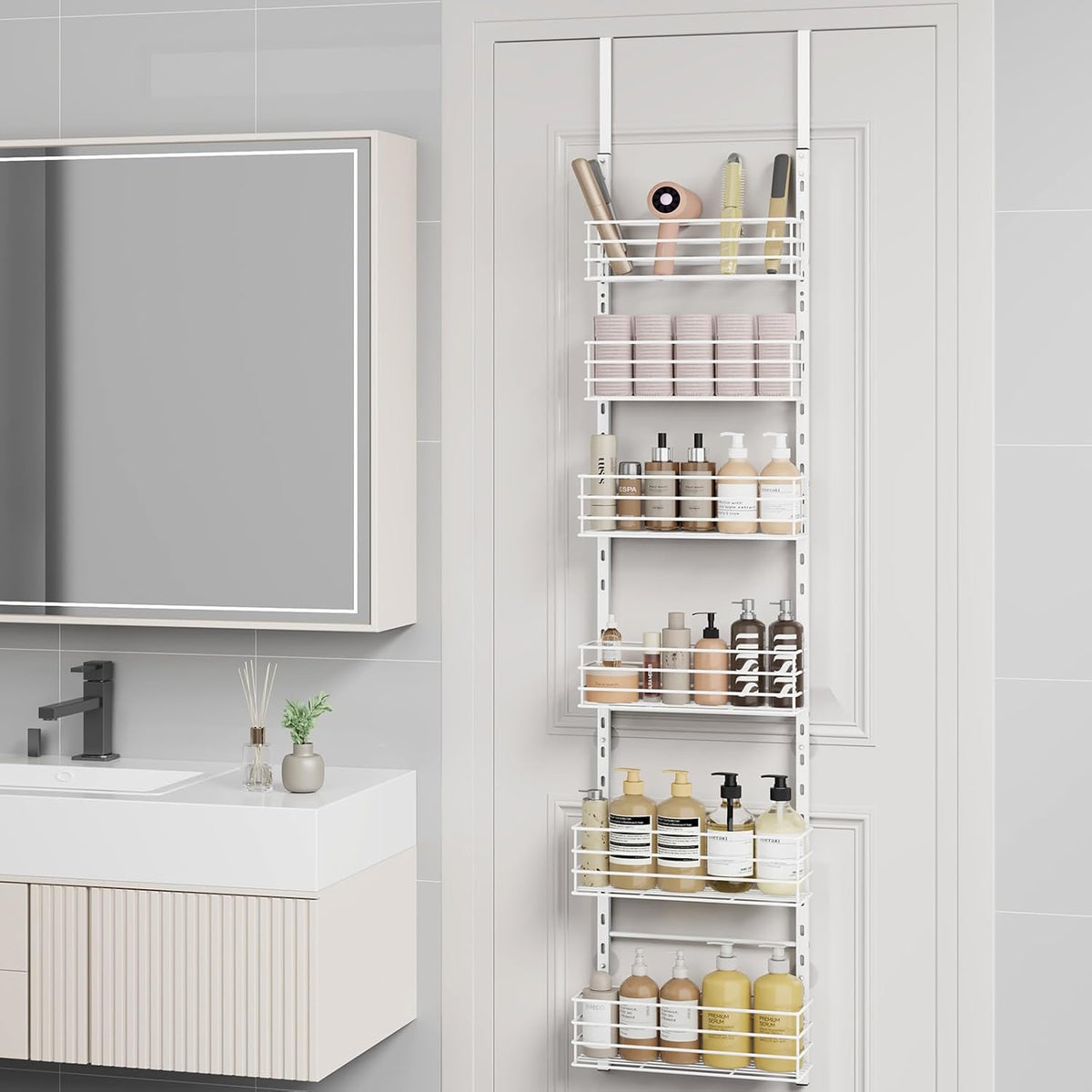SWTYMIKI Over The Door Organizer - Door Organizer Hanging with 5 Adjustable Metal Large Capacity Basket and 6 Coat Hook, Wall Mounted Shelf for Bedroom Closet Bathroom Laundry Pantry Cabinet Kitchen