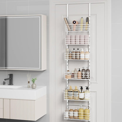 SWTYMIKI Over The Door Organizer - Door Organizer Hanging with 5 Adjustable Metal Large Capacity Basket and 6 Coat Hook, Wall Mounted Shelf for Bedroom Closet Bathroom Laundry Pantry Cabinet Kitchen