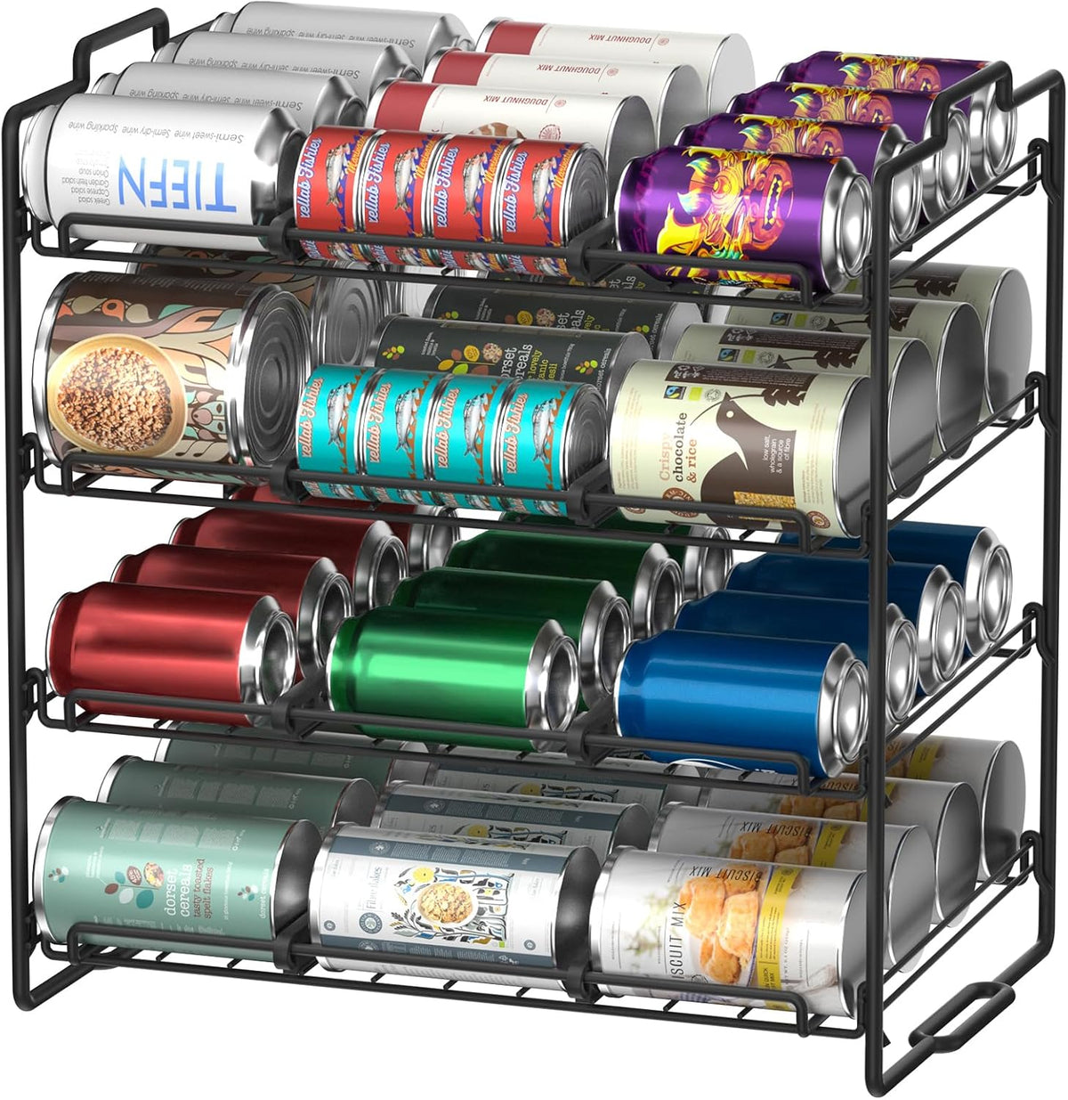 4 Tiers Stackable Can Rack Organizer, Wear-resistant Upgrade Beverage Food Can Dispenser Holder Holds up to 48 Cans for Kitchen Cabinet and Pantry (Silver)
