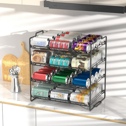 4 Tiers Stackable Can Rack Organizer, Wear-resistant Upgrade Beverage Food Can Dispenser Holder Holds up to 48 Cans for Kitchen Cabinet and Pantry (Silver)