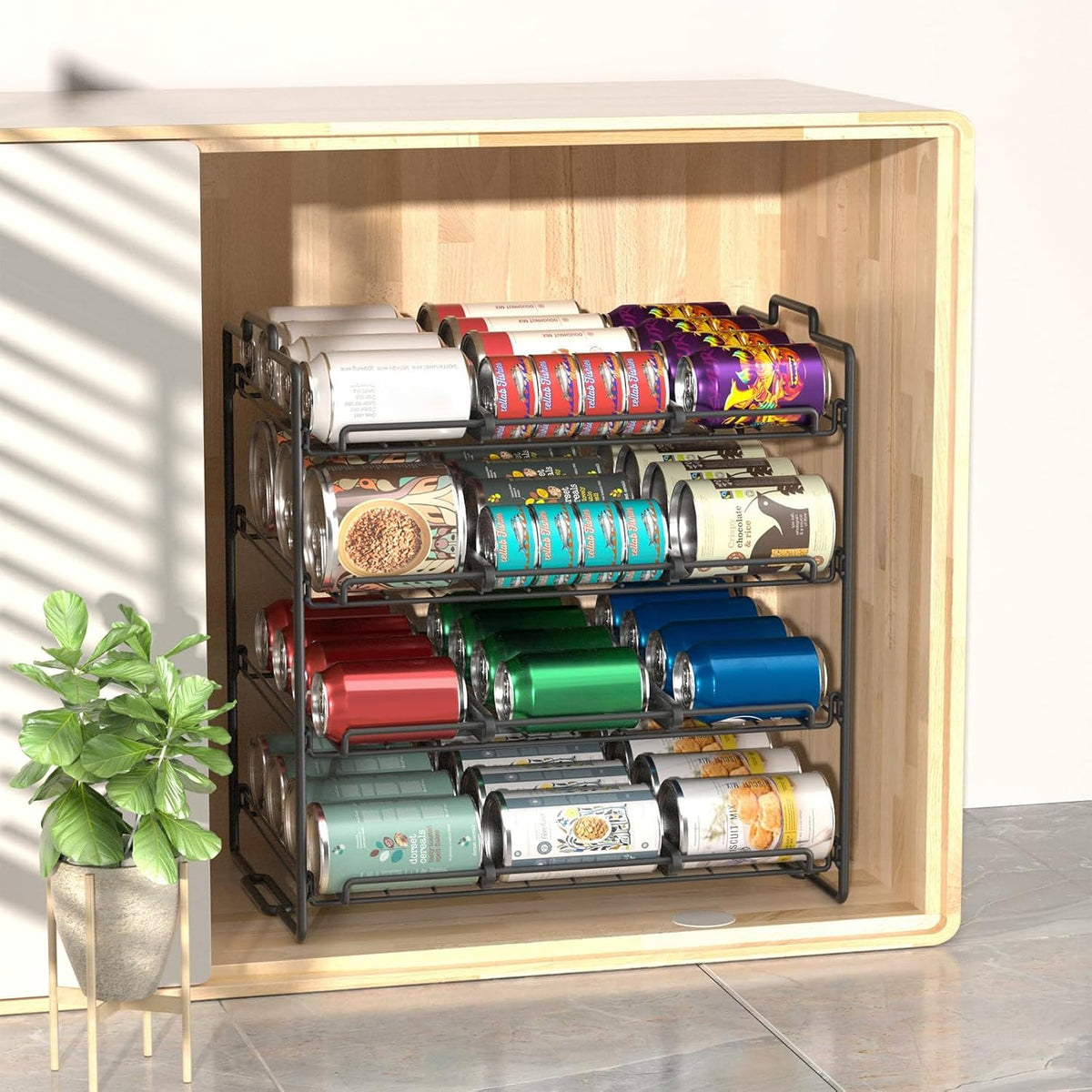 4 Tiers Stackable Can Rack Organizer, Wear-resistant Upgrade Beverage Food Can Dispenser Holder Holds up to 48 Cans for Kitchen Cabinet and Pantry (Silver)