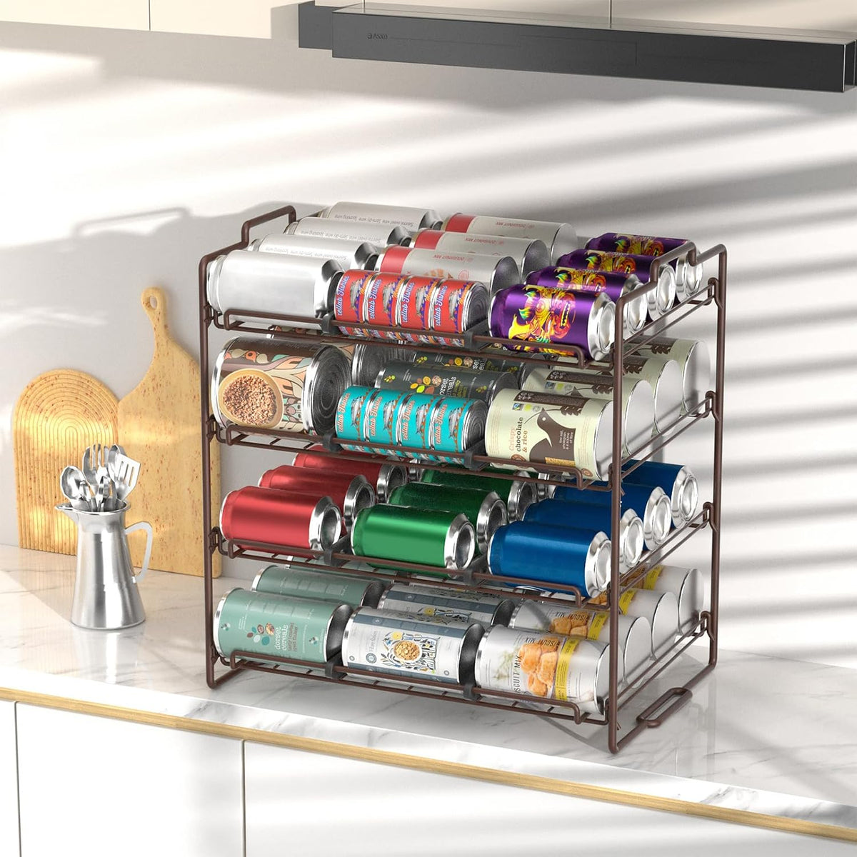 4 Tiers Stackable Can Rack Organizer, Wear-resistant Upgrade Beverage Food Can Dispenser Holder Holds up to 48 Cans for Kitchen Cabinet and Pantry (Silver)