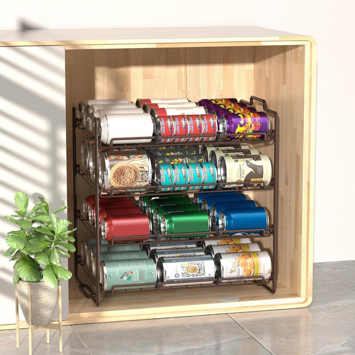4 Tiers Stackable Can Rack Organizer, Wear-resistant Upgrade Beverage Food Can Dispenser Holder Holds up to 48 Cans for Kitchen Cabinet and Pantry (Silver)