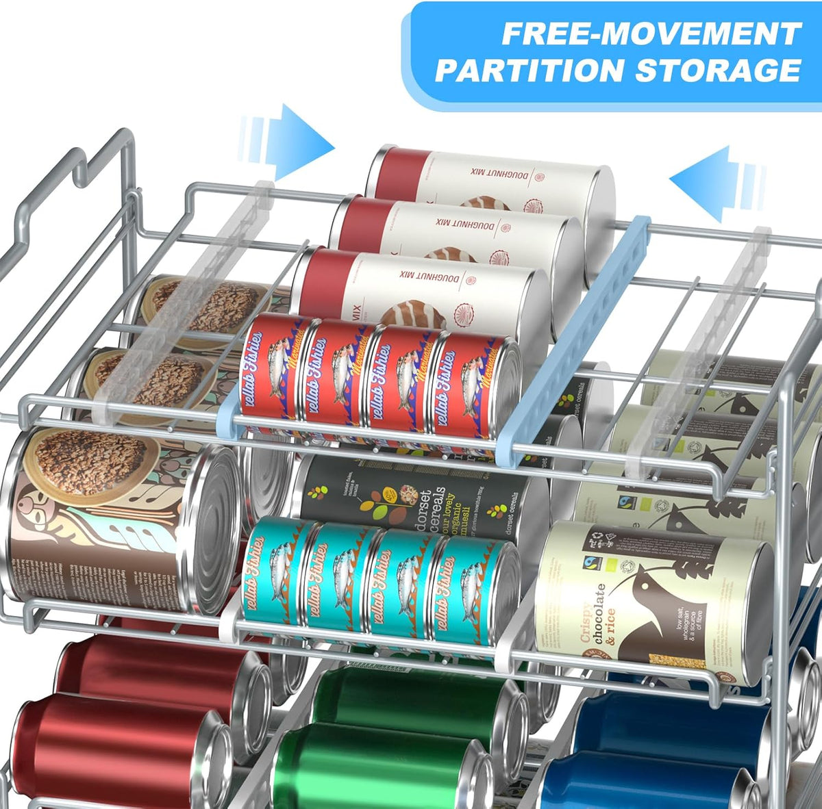 4 Tiers Stackable Can Rack Organizer, Wear-resistant Upgrade Beverage Food Can Dispenser Holder Holds up to 48 Cans for Kitchen Cabinet and Pantry (Silver)