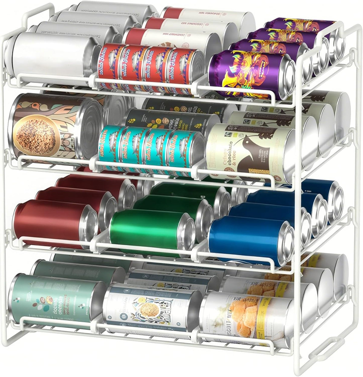 4 Tiers Stackable Can Rack Organizer, Wear-resistant Upgrade Beverage Food Can Dispenser Holder Holds up to 48 Cans for Kitchen Cabinet and Pantry (Silver)