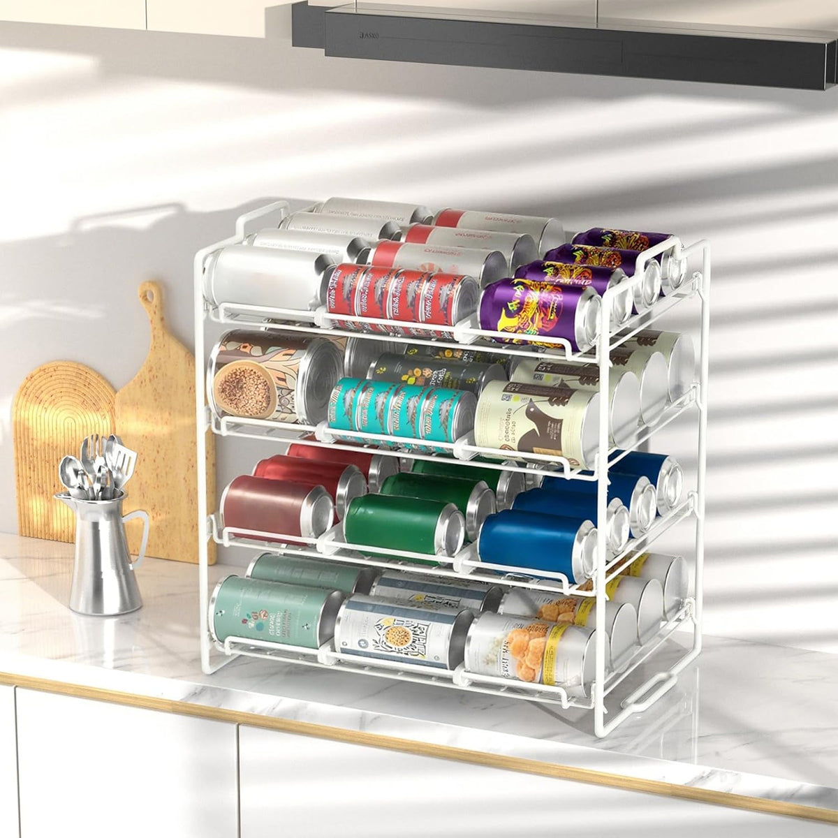 4 Tiers Stackable Can Rack Organizer, Wear-resistant Upgrade Beverage Food Can Dispenser Holder Holds up to 48 Cans for Kitchen Cabinet and Pantry (Silver)